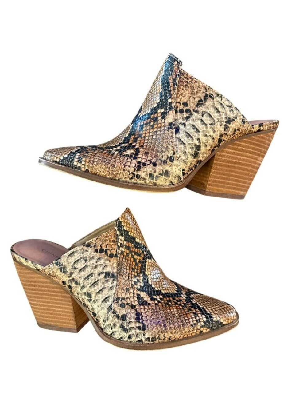 Chinese Laundry Beaute Mars Snake Print Block Heel Mules Sz 8 Bronze/Tan